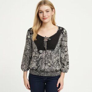 American Rag M Black White Paisley Lace Chiffon Peasant Top Whimsigoth Boho